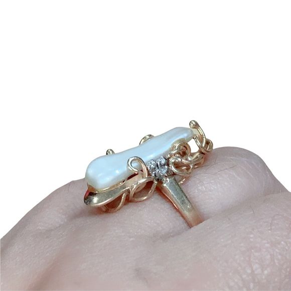 Vintage .585 14K Solid Yellow Gold Baroque Pearl & Diamond Estate Ring Sz 8.5 - Picture 6 of 12